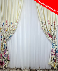 Set  Serafina: perdea alba simpla din voal si draperie blackout cu model floral viu colorată
