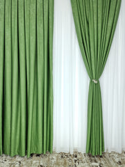 Set Ofelia: Perdea Voal Alb si Draperie Verde Olive – Ideal pentru Living si Dormitor in Nuanțe Crem, Bej si verde