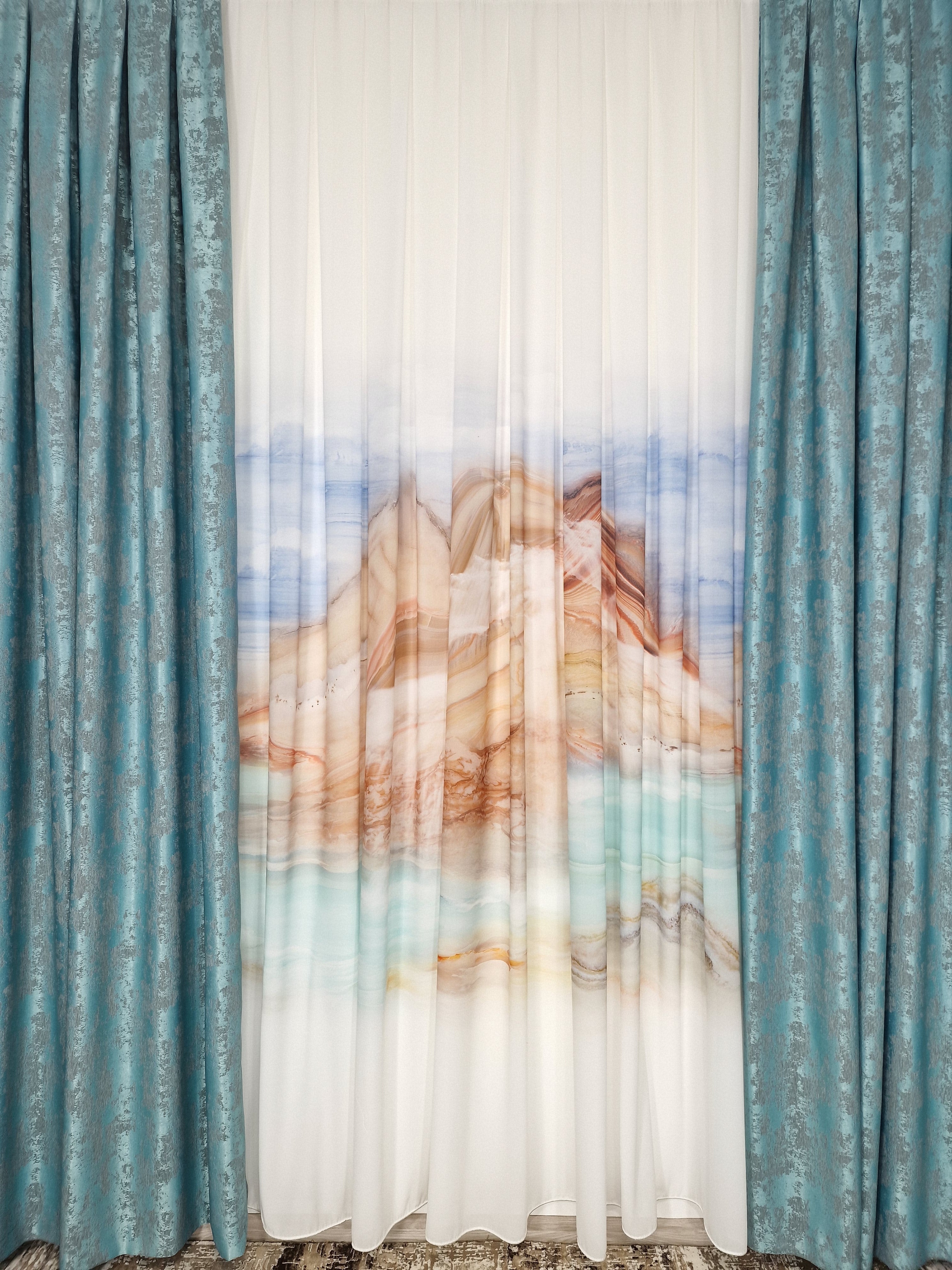 Set Cami: perdea matase si draperie turcoaz tip vopsea decorativa