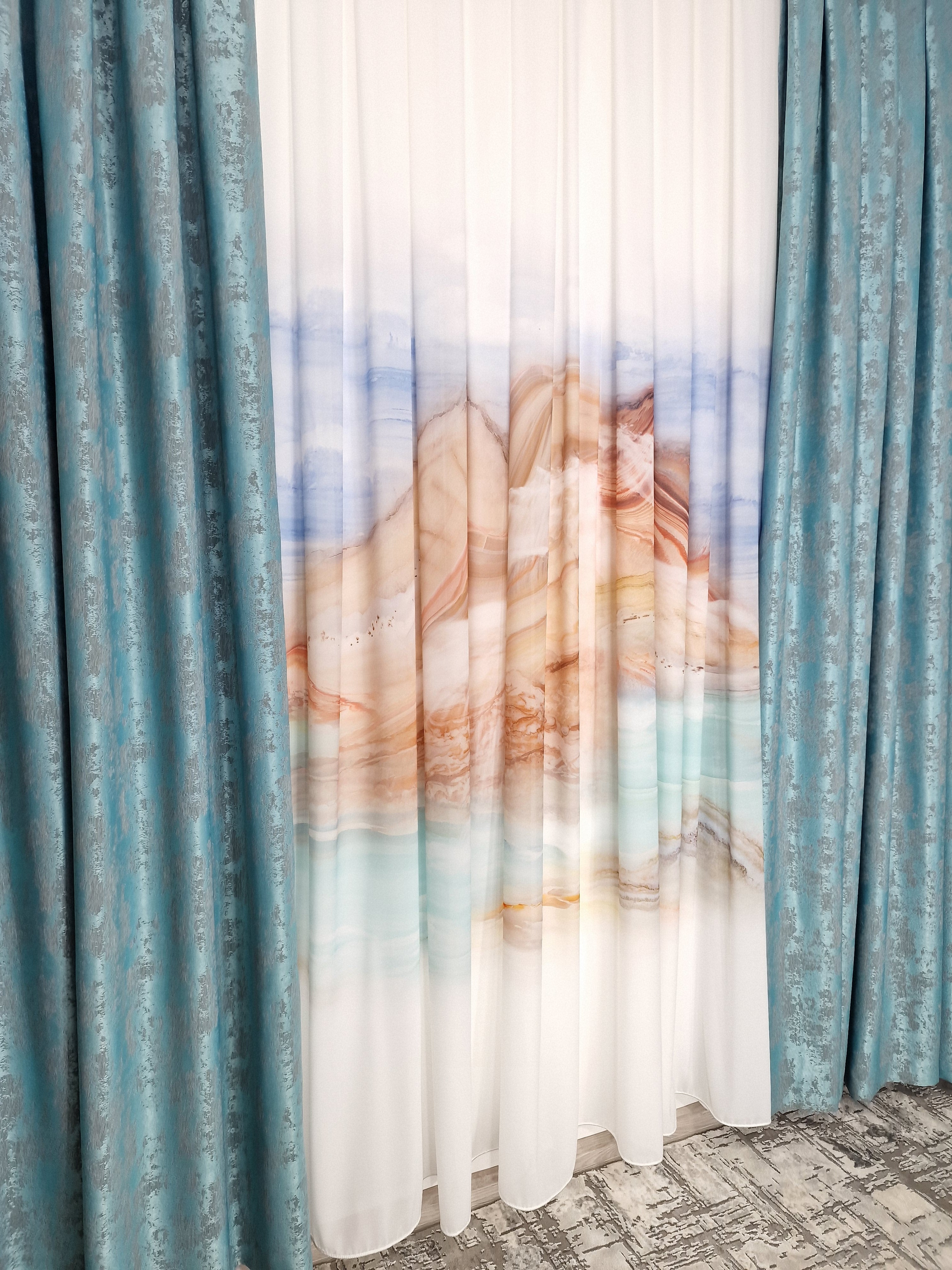 Set Cami: perdea matase si draperie turcoaz tip vopsea decorativa