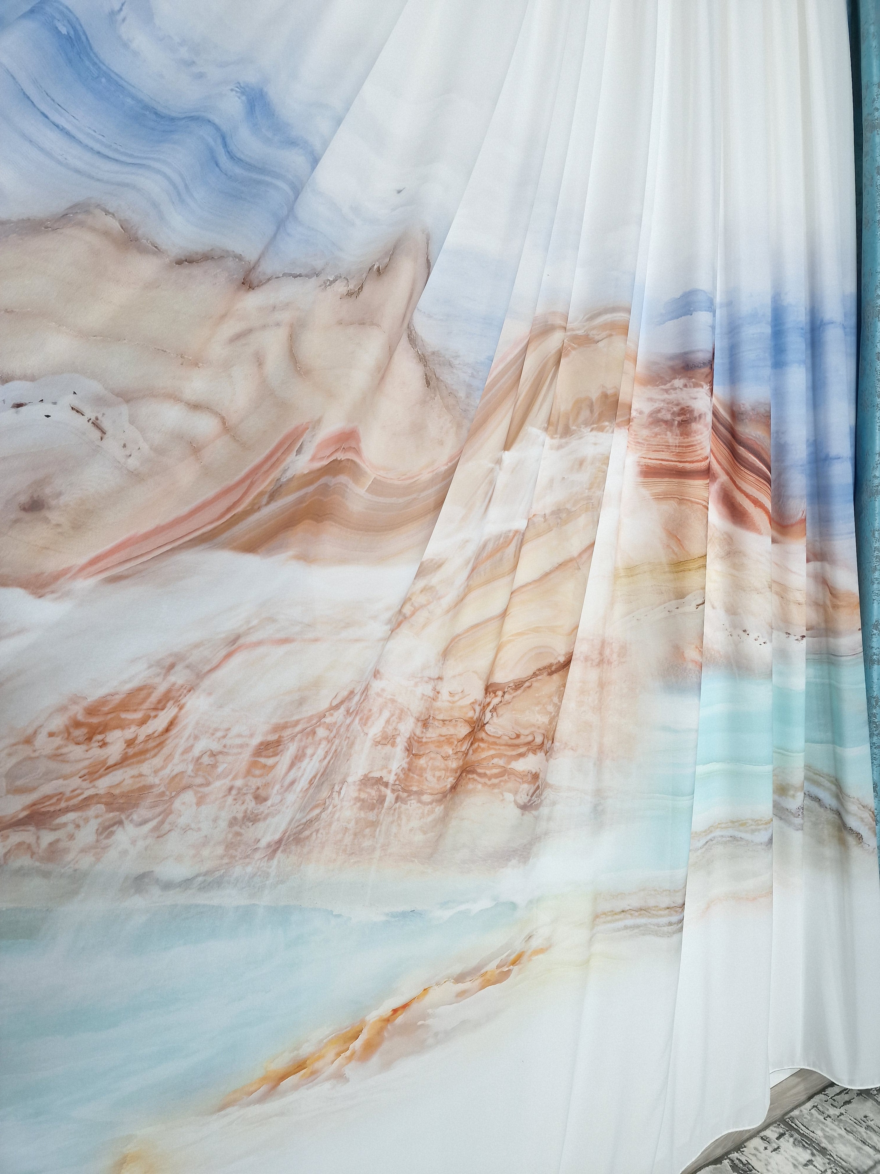 Set Cami: perdea matase si draperie turcoaz tip vopsea decorativa