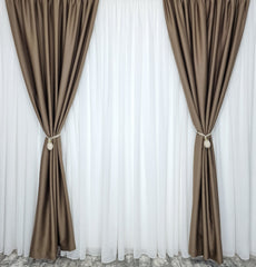 Set Camelia: Perdea din in cu bambus si Draperie cafea cu lapte blackout 90%