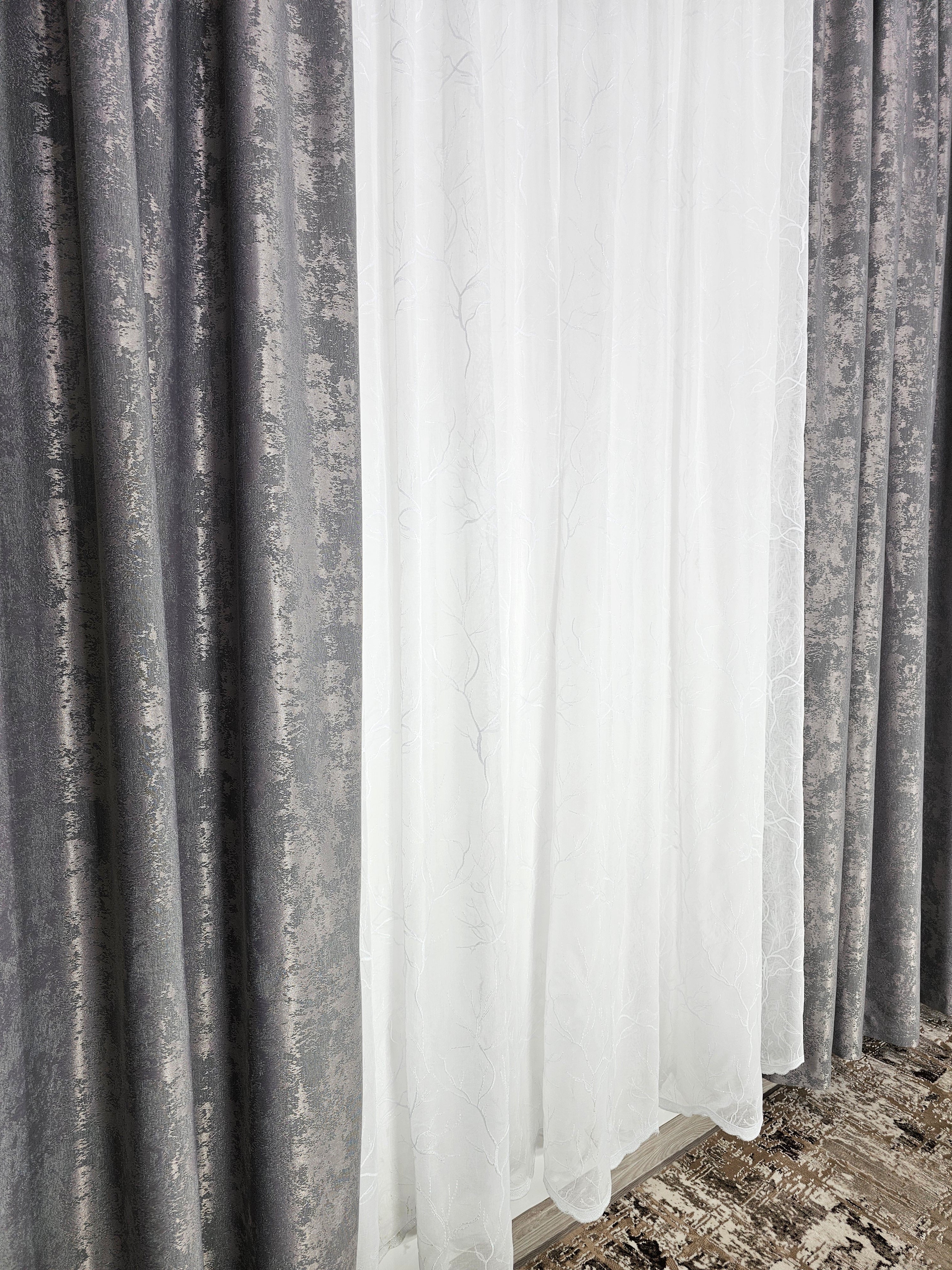 Set Angelica: perdea din in model crengute si draperie cu aspect de vopsea decorativa