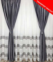 Set perdea din in cristal si draperie catifea gri inchis, model Mangalia