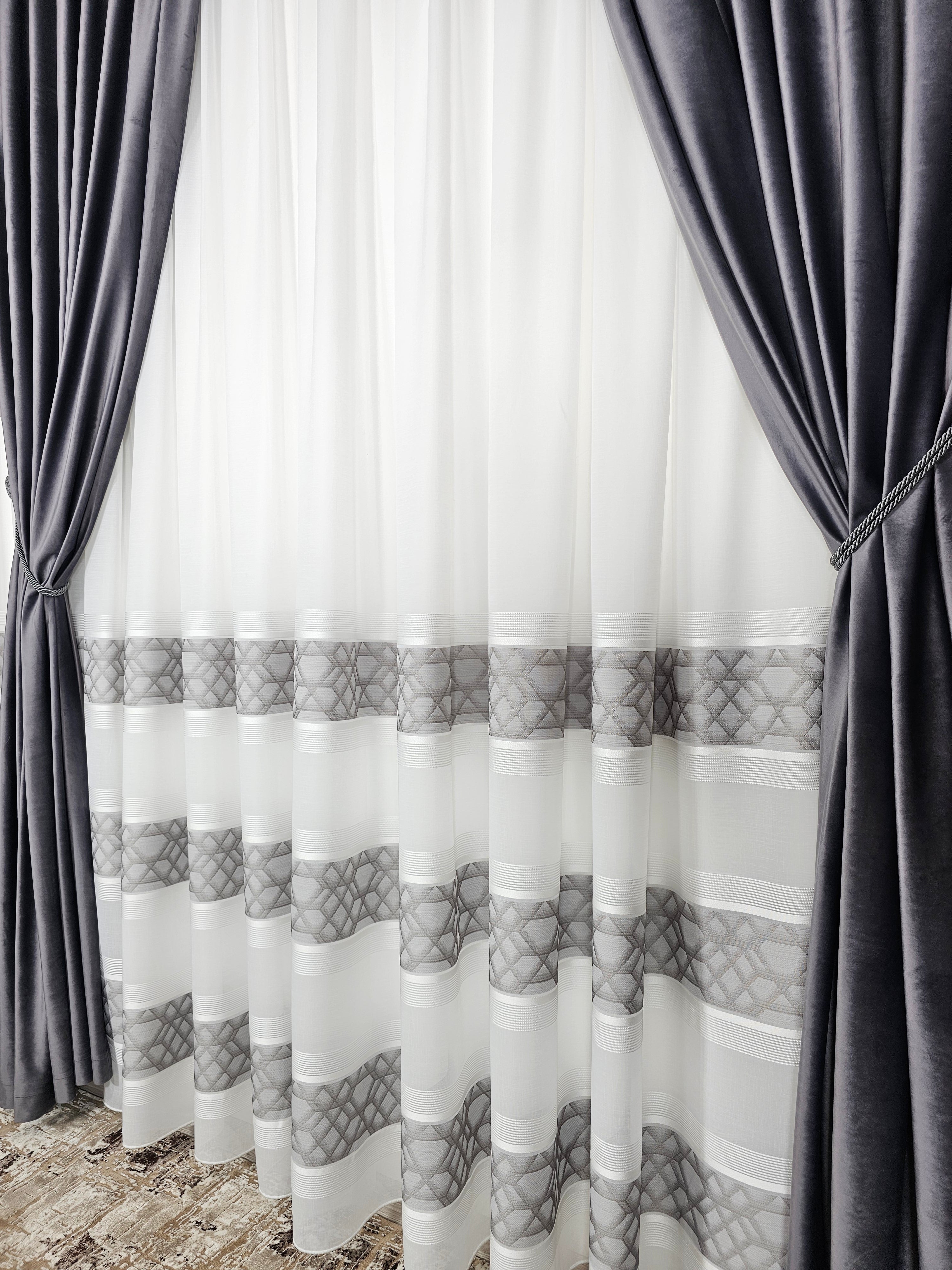 Set perdea din in cristal si draperie catifea gri inchis, model Mangalia