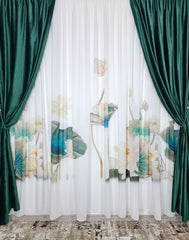 Set Iolanda: perdea matase cu peisaj verde si draperie catifea verde