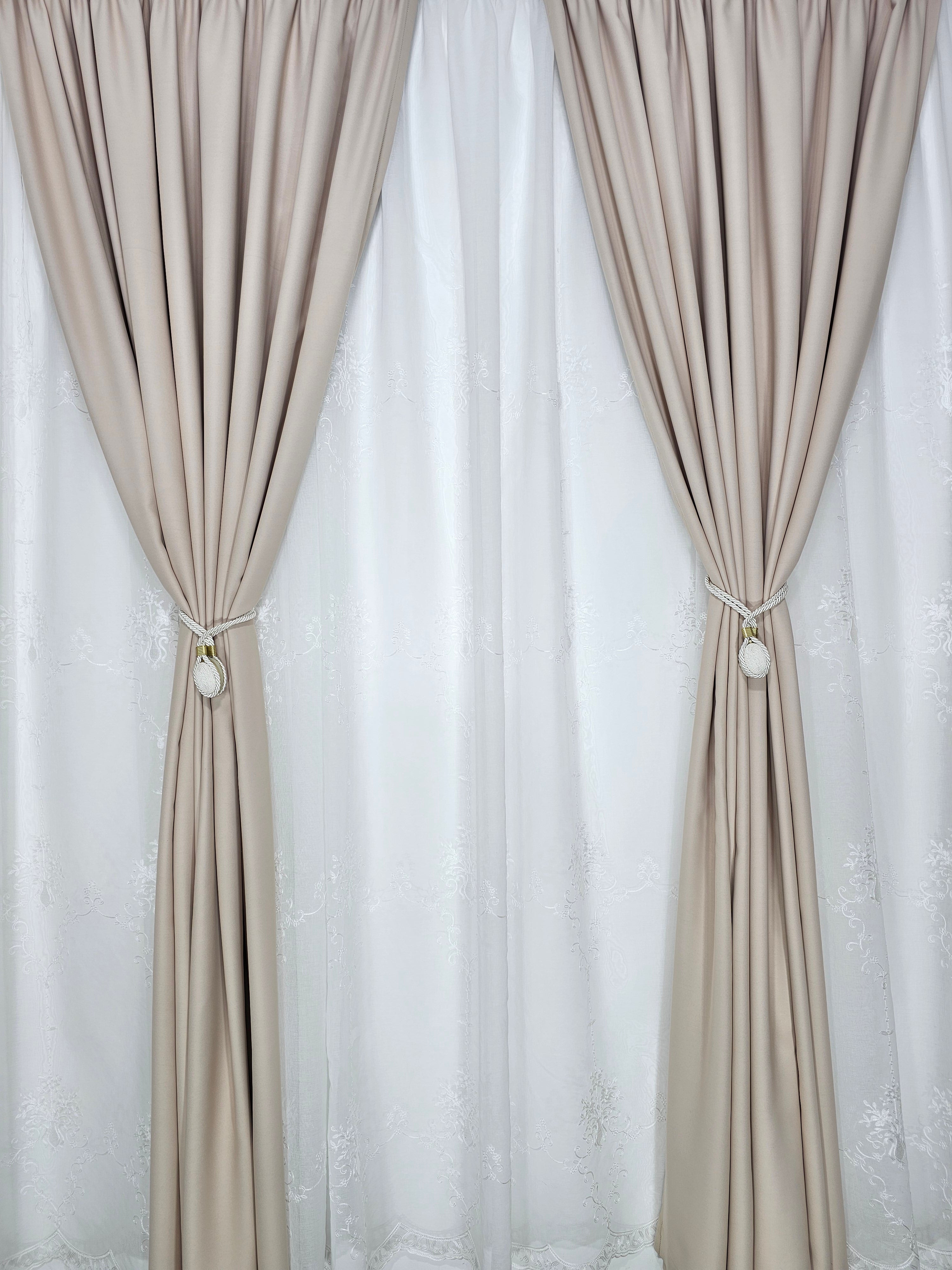 Set Harmony: perdea din in model floral si draperie blackout 80% crem-roze