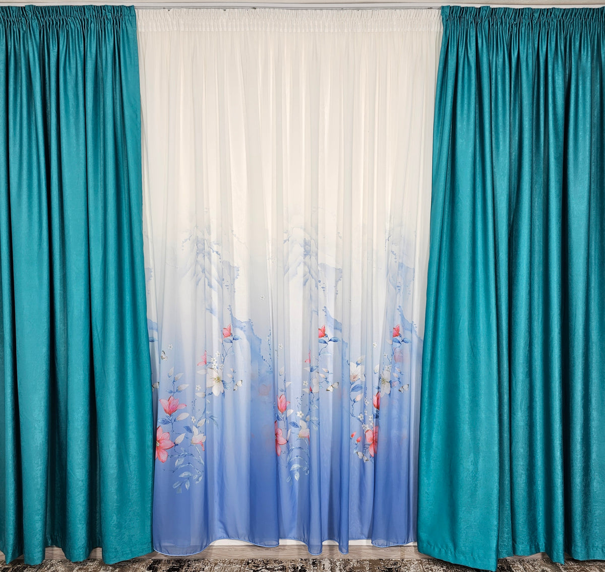 Set Maia:perdea matase albastra si draperie soft turcoaz