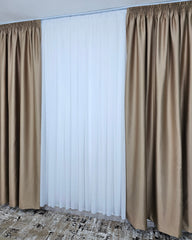 Colectia Hotel: Perdea Voal Alb si Draperii Blackout 98%-Crem Inchis