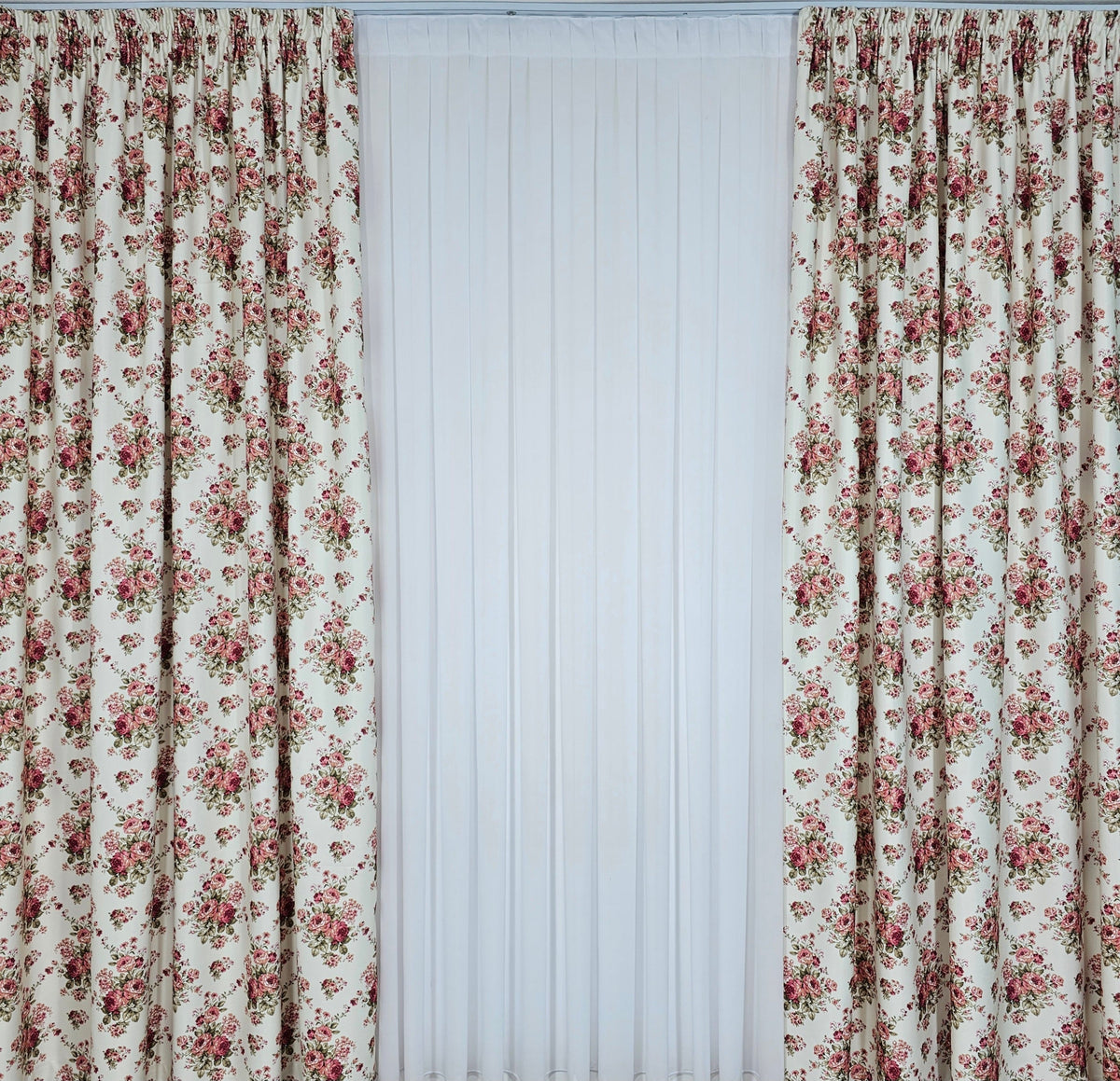 SuperPret*Set Magdalena – Perdea Voal Ivoire si Draperie Florala Roz- Confectionat pe Comanda