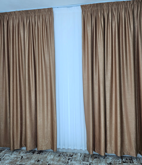 Colectia Soft: perdea voal alb si draperie uni, varianta mai ușoară a catifelei-Capucino