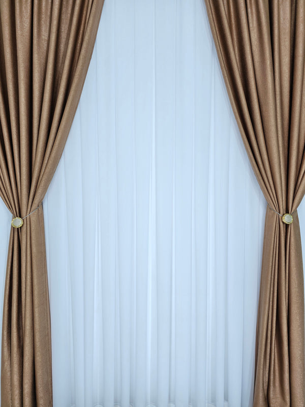 Colectia Soft: perdea voal alb si draperie uni, varianta mai ușoară a catifelei-Capucino