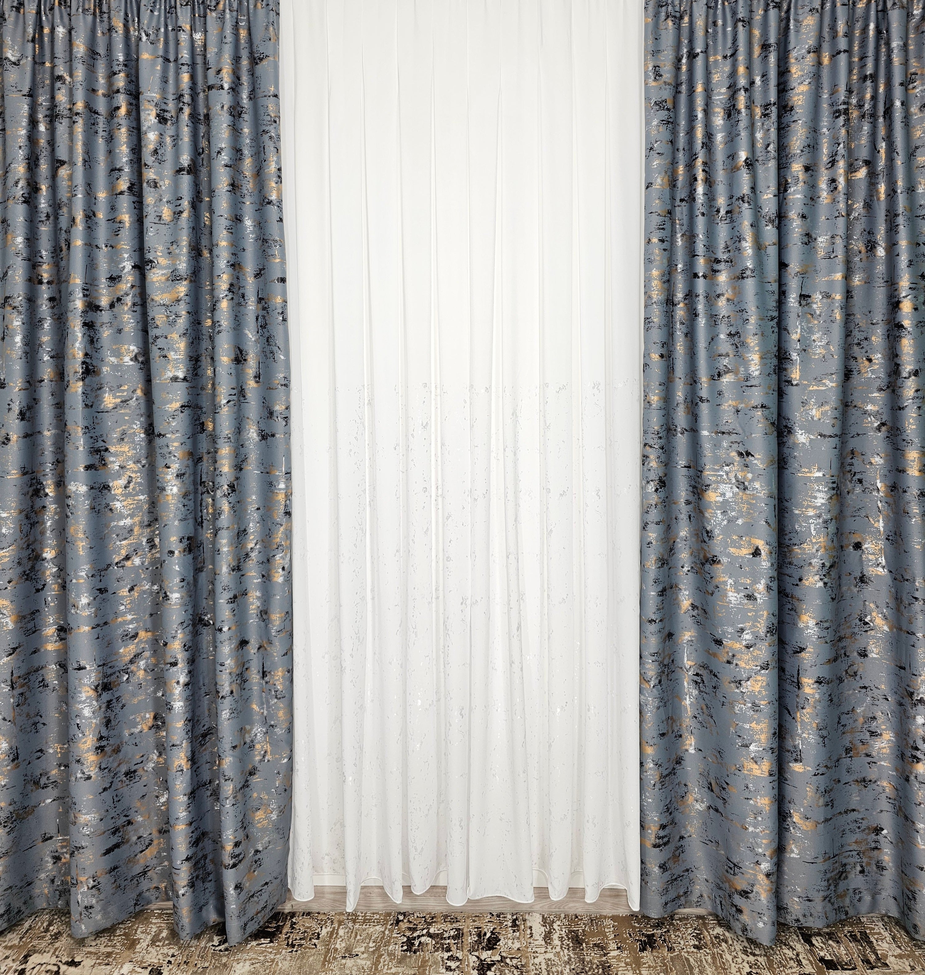 Set Dante: perdea matase cu insertii gri si draperie blackout 90% gri cu insertii