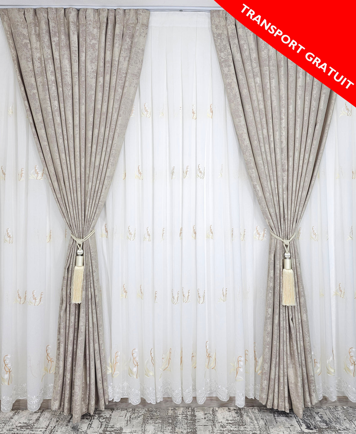 Set perdea din in si draperie decorativa bej model Lacramioara