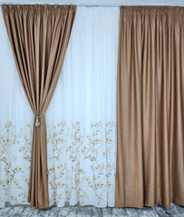 Set Viola: perdea din matase pictata cu flori si draperie soft capucino