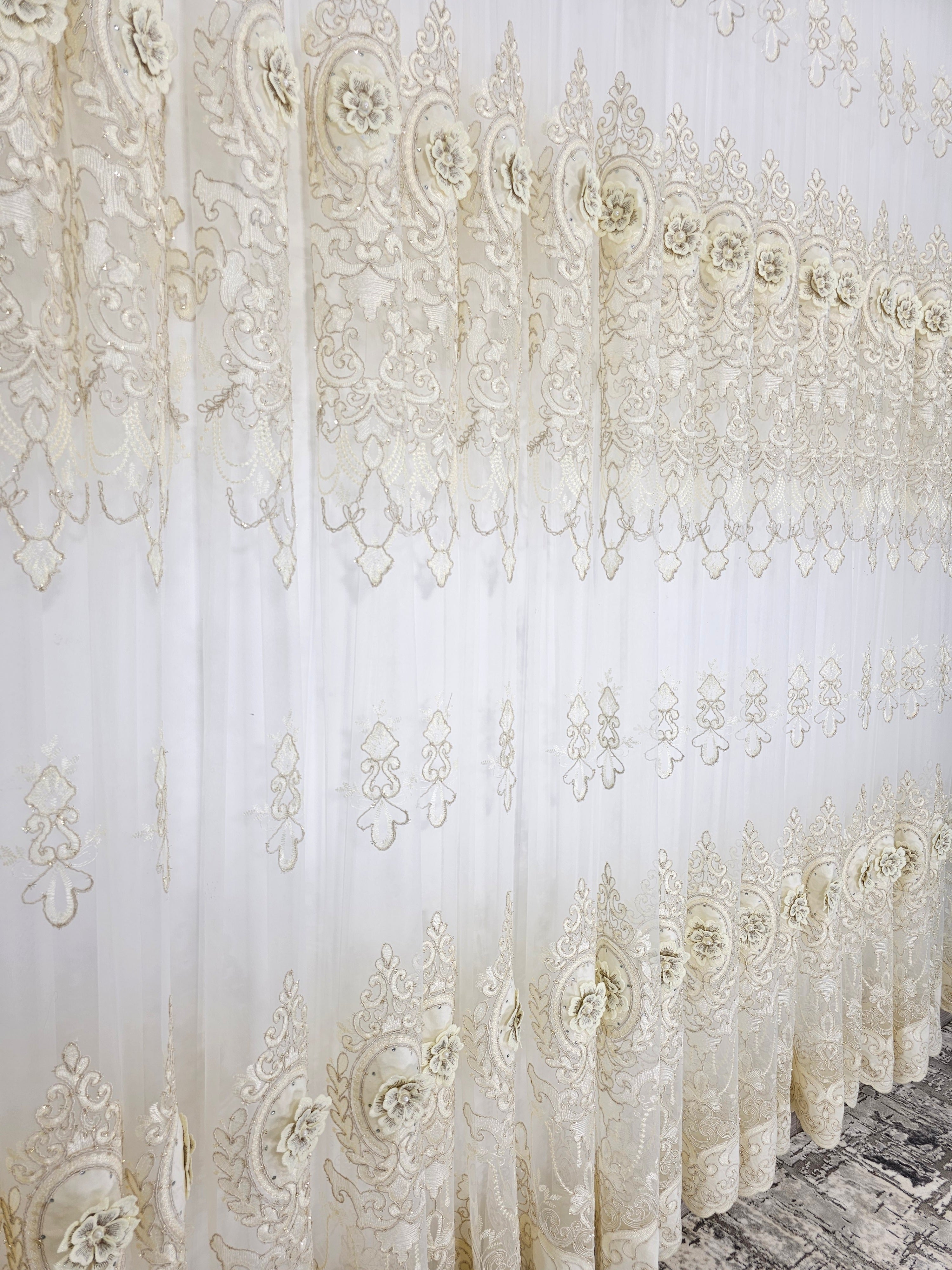 Set Milan:perdea din tul cu broderie 3D și draperie din catifea turcoaz cu broderie 3D