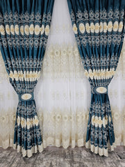 Set Milan:perdea din tul cu broderie 3D și draperie din catifea turcoaz cu broderie 3D