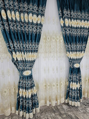Set Milan:perdea din tul cu broderie 3D și draperie din catifea turcoaz cu broderie 3D