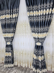 Set Londra: perdea din tul cu broderie 3D și draperie din catifea gri albastrui cu broderie 3D