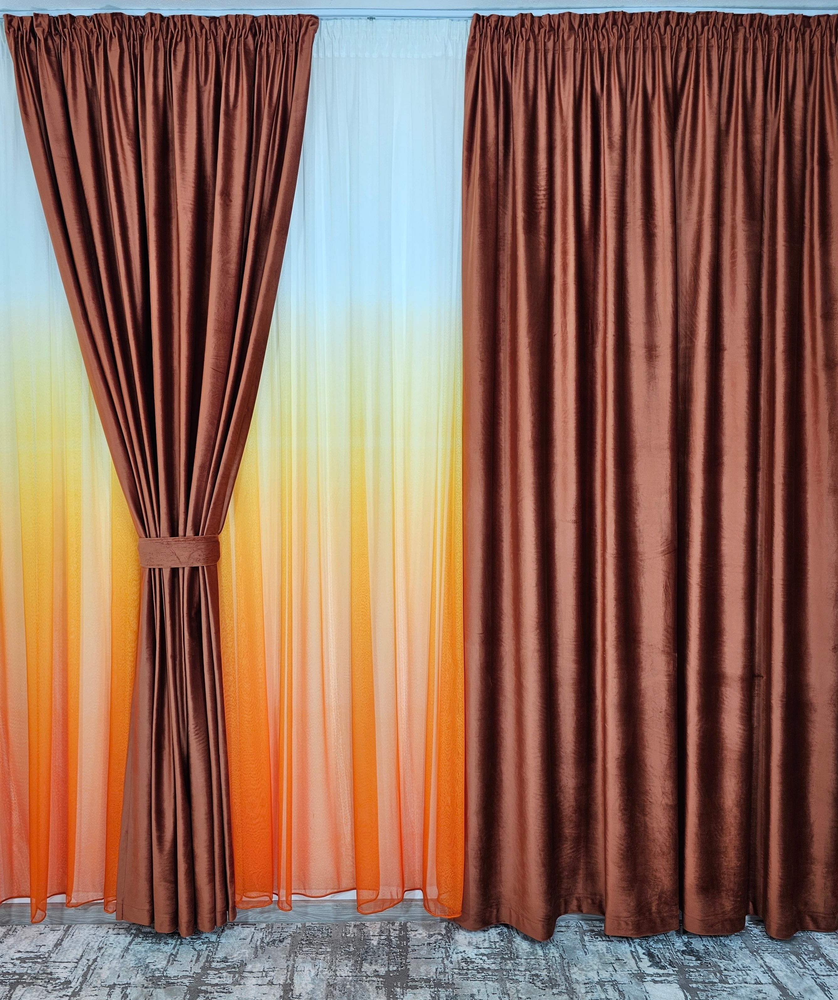 Set Portocala:perdea in degrade portocaliu si draperie din catifea portocaliu blackout 90