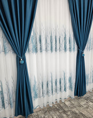 Set Kamala: Perdea alba cu doua borduri turcoaz si draperie turcoaz blackout 98%