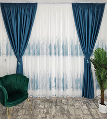 Set Kamala: Perdea alba cu doua borduri turcoaz si draperie turcoaz blackout 98%