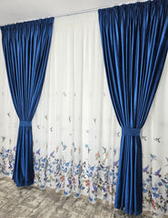 Set Pasarele mov: perdea alba cu mov cu draperie simpla albastra din catifea