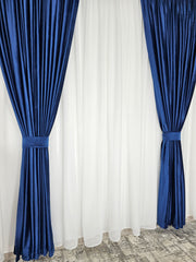 Set Corso: perdea alba din in gros keten si draperie din catifea albastra blackout 90%
