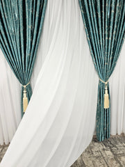 Set Rabbit: perdea jorjet alb imaculat si draperie marmura turcoaz-crem blackout 90% cu doua fete