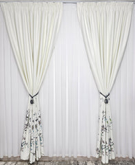 Set Fiesta: Perdea alba simpla jorjet si Draperie model floral Turcoaz Gri