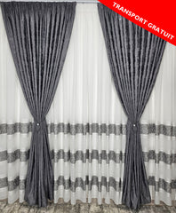 Set Tenzo: Perdea In Cristal Cu Benzi Gri Si Draperie Tip Vopsea Decorativa Gri Inchis