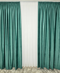 Set Joe: perdea simpla jorjet alb imaculat si draperie catifea verde menta