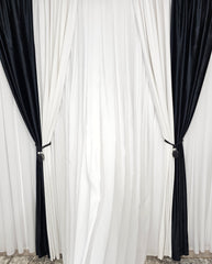 Set Cruela: perdea jorjet alb imaculat si draperie din catifea în doua culori alb cu negru