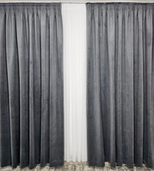 Set Premium: Perdea Matase Alba Nesifonabila si Draperie Gri Mediu Catifea Garantat Opaca