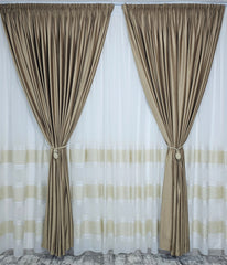 Set Sonia:perdea in cristal cu benzi crem si draperie catifea caramel