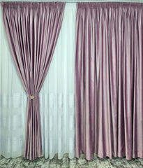 Set Clara: perdea in cristal cu benzi albe si draperie catifea roz lila