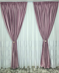Set Clara: perdea in cristal cu benzi albe si draperie catifea roz lila