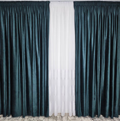 Set Cristian: perdea in cristal cu benzi albe si draperie catifea verde onix inchis