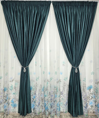 Set Emilia: perdea model floral  combinatie gri cu albastru si draperie catifea verde
