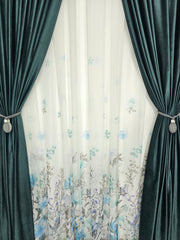 Set Emilia: perdea model floral  combinatie gri cu albastru si draperie catifea verde