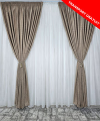 Set Betty: perdea in cristal cu dungi maro si draperie tip vopsea decorativa capucino
