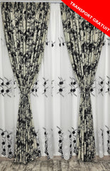Set Mihai: perdea din in cu flori alb-negru si draperie blackout gri cu negru