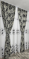 Set Mihai: perdea din in cu flori alb-negru si draperie blackout gri cu negru