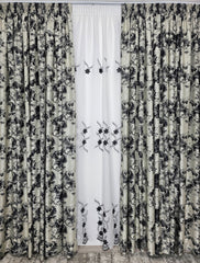 Set Mihai: perdea din in cu flori alb-negru si draperie blackout gri cu negru