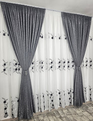 Set Mara: perdea din in cu flori alb-negru si draperie decorativa tip nisip gri inchis
