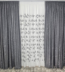 Set Deni: perdea din in cu frunze negre si draperie decorativa tip nisip gri inchis