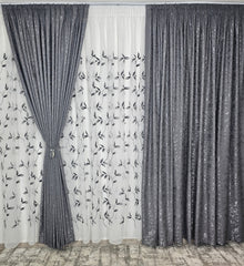 Set Deni: perdea din in cu frunze negre si draperie decorativa tip nisip gri inchis