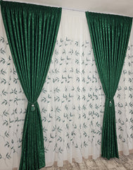 Set Esmeralda: perdea din in cu frunze verzi si draperie decorativa tip nisip verde smarald
