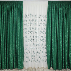 Set Esmeralda: perdea din in cu frunze verzi si draperie decorativa tip nisip verde smarald