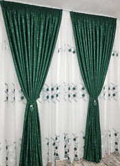 Set Smaranda: perdea din in cu flori alb-verde si draperie decorativa tip nisip verde smarald